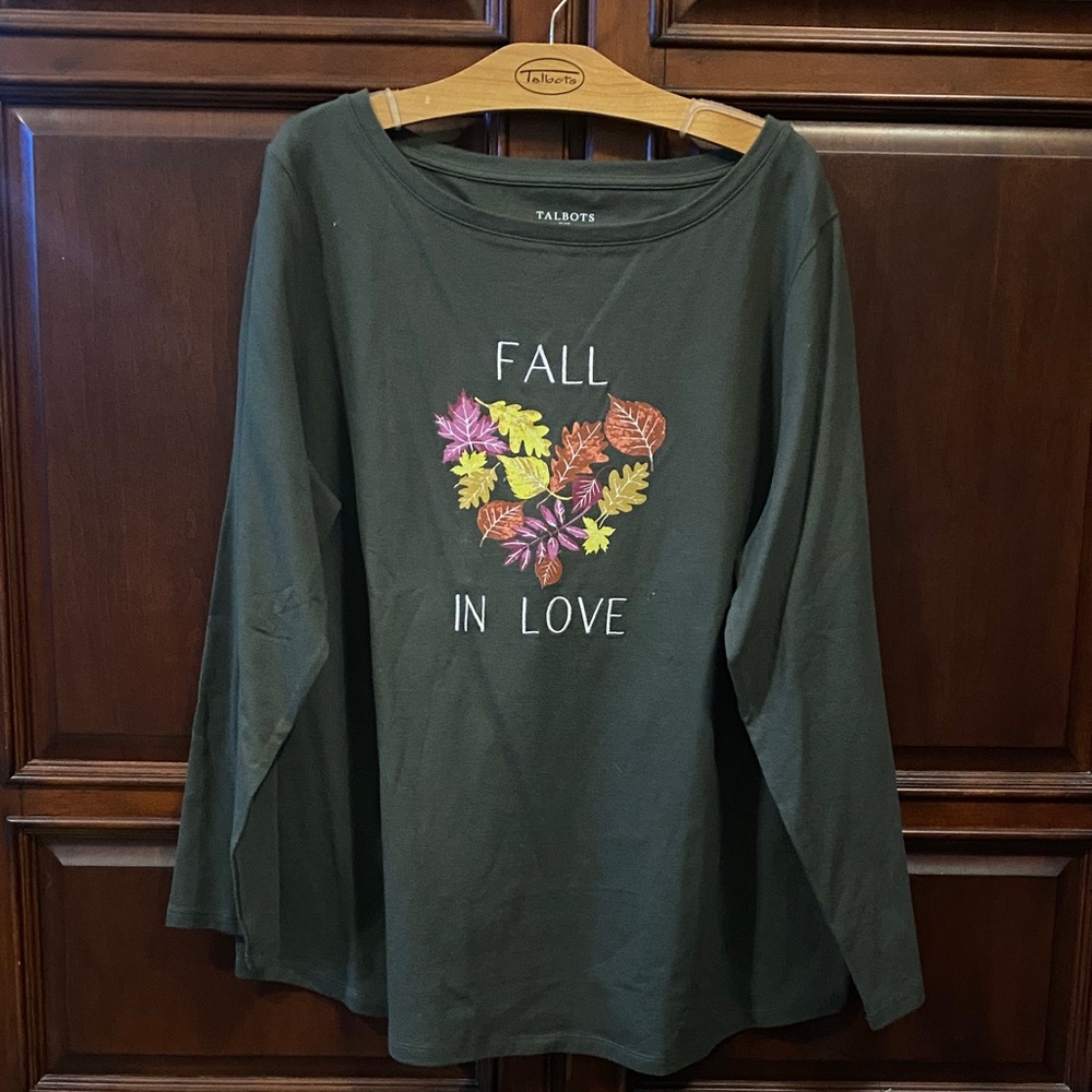Talbots Dark Green Long Sleeve Top with Leaf Design